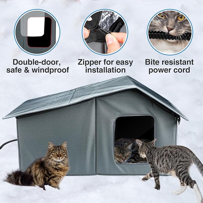 Weatherproof Heated Cat Houses for Outdoor Cats - Insulated Cat Shelter for Winter with Thermostatic Heating Pad and Escape Door, Warm Outside Pet House Gift for 2-3 Feral Cats (Large)