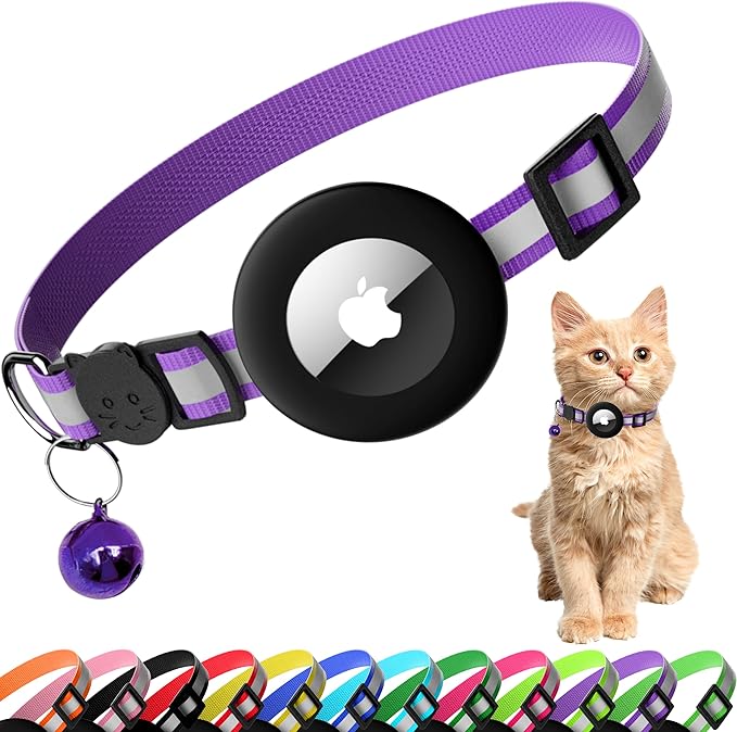 Cat Collar with Air Tag Holder, Reflective Kitten Collar with Bell, Breakaway Airtag Cat Collar for Boys Girls Cats, GPS Tracker for Cats 0.4’’ Width Adjustable Safe Kitty Collar, Light Purple