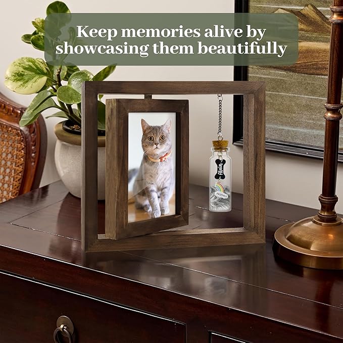 Pet Memorial Rotating 4x6 Picture Frame Wooden Gift for Dog Cat Fur Jar Rainbow Bridge Sympathy Keychain Loss Keepsake Message Card No Longer By My Side Tag In Memory Table Top Home Decor PR-6R