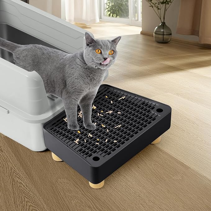 Extra Large Cat Litter Box Step Ramp, Cat's Litter Catcher Mat with Wooden Feet, Filter Function, Pedal Stool for Self-Cleaning Cat Litter Box, Ideal for Kitten & Elderly Cats (Black)
