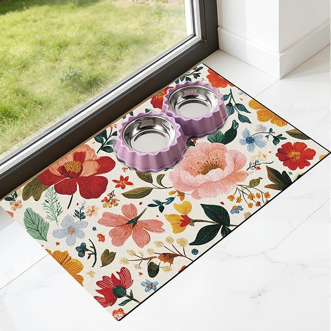 Pet Dog Cat Food Mat - Hamdwerk Absorbent Dog Bowl Mats for Food and Water, Anti Slip Cat Bowl Feeding Placemat for Floors, Quick Dry Diatomite Pet Dish Matts Supplies, Floral Style, 12 * 20in