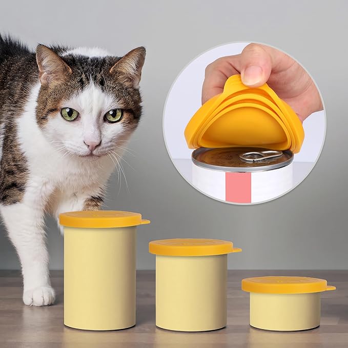 Silicone Pet Food Can Covers - Airtight Lids for Dog & Cat Wet Food Storage, Bone Appetit Food Savers for Freshness (Yellow Mango 2 Pack)