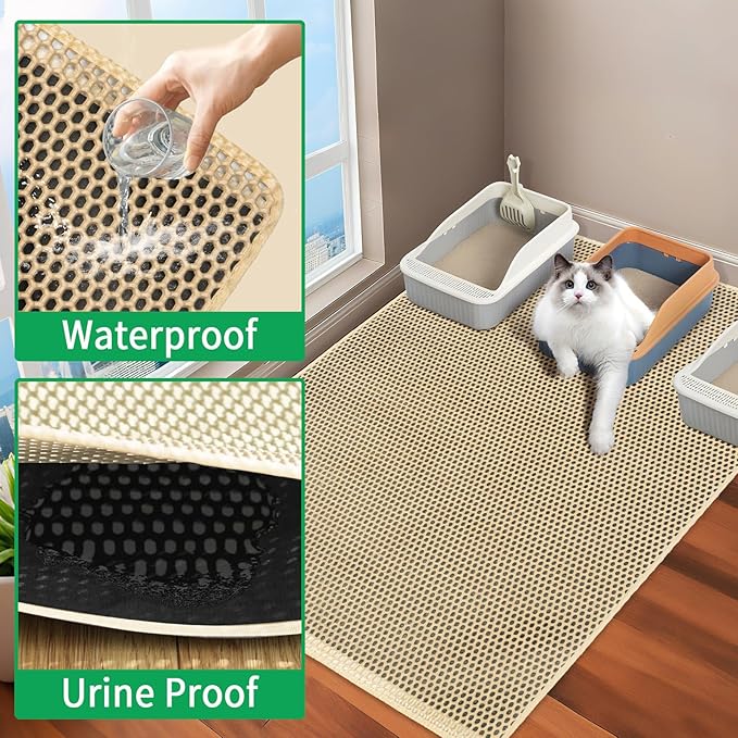 GRELY 35''X 25'' Large Litter Mat, 2 Layer Cat Litter Mat Litter Trapping Mat,Litter Box Mats for Floor, Cats Litterbox Catcher Rug for Kitty Pet, Waterproof Urine Proof,Non-Slip
