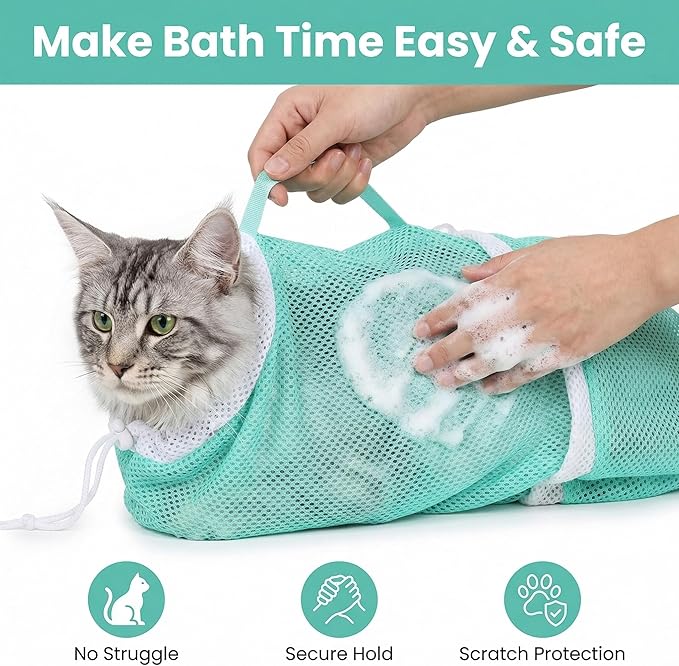Cat Bathing Bag - Anti-Bite & Anti-Scratch Shower Bag, Adjustable Restraint Bag for Cat Washing, Nail Trimming & Injections, Breathable Mesh Design