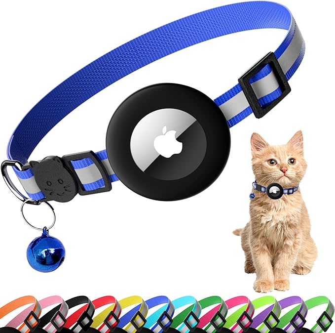 Cat Collar with Air Tag Holder, Reflective Kitten Collar with Bell, Breakaway Airtag Cat Collar for Boys Girls Cats, GPS Tracker for Cats 0.4’’ Width Adjustable Safe Kitty Collar, Blue