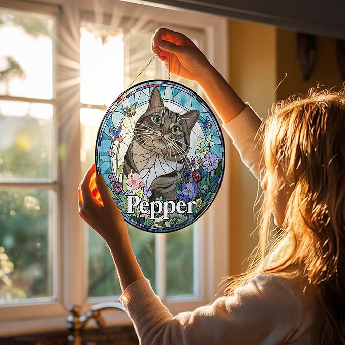 Custom Cat Dog Portrait Art Suncatcher Stained Glass Window Hanging Remembrance Gift Indoor Decor Dog Bereavement Keepsake Loss of Pet Sympathy with Name Date Portrait