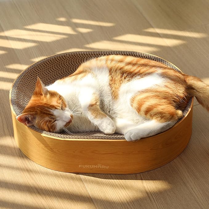 FUKUMARU Cat Scratcher Cardboard Lounge Bed, 2-in-1 Cat Scratch Pad, Oval Cats Scratching Board Indoor, Durable Modern Kitty Scratcher Bowl, Cats Scratch Furniture Protector, Wood Color