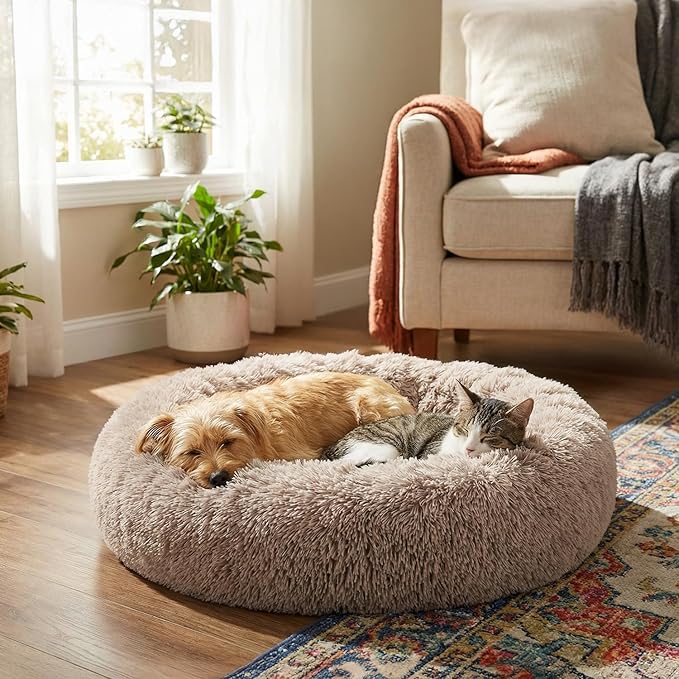 PetAmi Calming Dog Bed for Small Medium Dog Cat, Round Donut Dog Bed Washable, Fluffy Faux Fur Plush Cuddler Pet Kitten Cushion Bed, Anti-Slip, Fits up to 45 lbs, 30 inch, Taupe