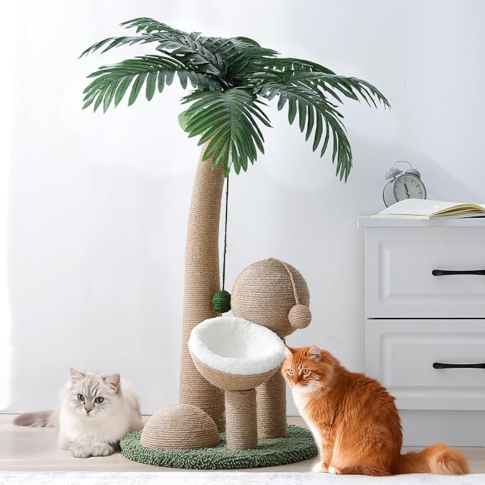 43 Inches Tall Cat Scratching Post for Large Cat, Coconut Tree Shaped Sisal Scratcher for Indoor Cat with Pompoms