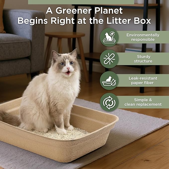 EcoVerde Pets & Co. Disposable Cat Litter Boxes 4-Pack, Large 18.1” x 13.2” x 3.9”, Leak-Resistant Recycled Paper Tray for Indoor or Travel Use