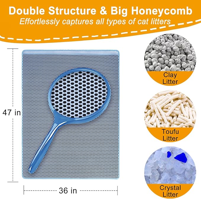 Cat Litter Mats-Extra Large 47''x36'' Litter Trapping Mat for Cat-XXL Litter box Matt for Floor-2 Layer Catcher Rug for Pet kitty Litterbox-Waterproof Urine Proof,Non-Slip,Blue