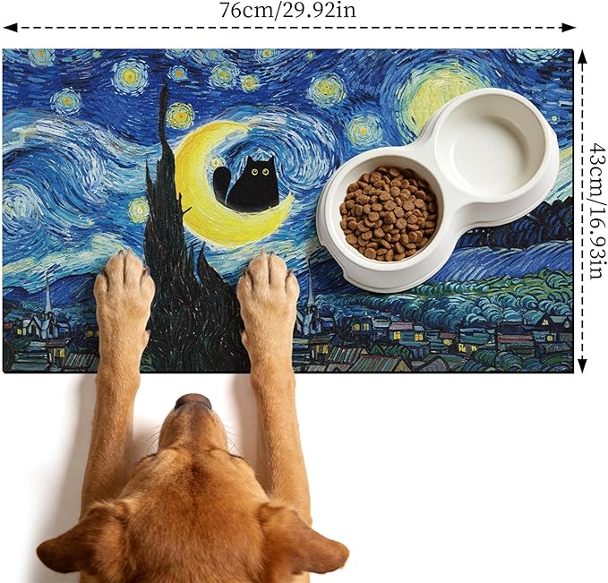 Dog Food Feeding Mat - Absorbent Diatomite Pet Dog Cat Bowl Mats for Food and Water, Anti Slip Dog Bowl Placemat for Floors, Quick Dry Pet Dish Matts Supplies, Black Cat Style, 17 * 30in