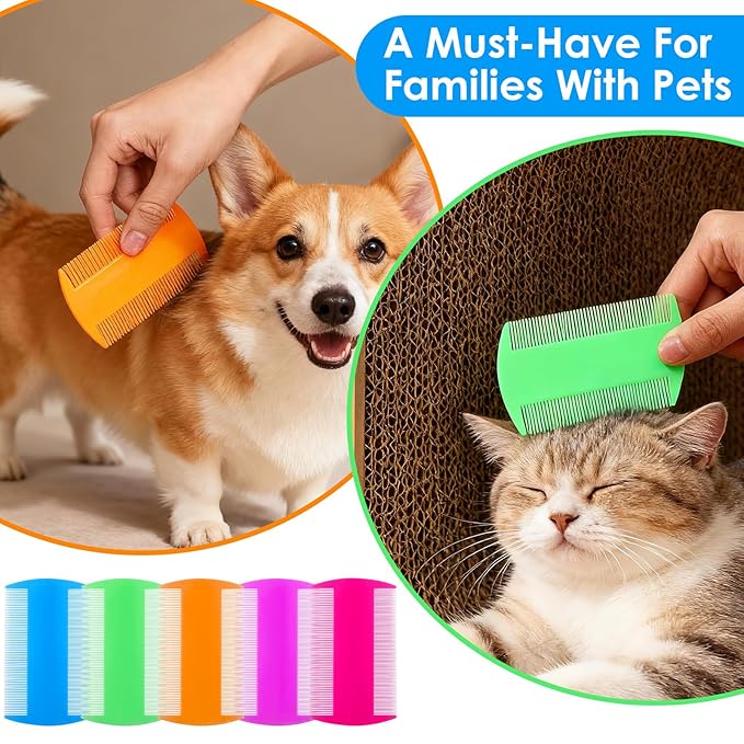 100 Pcs Double Sided Fine Tooth Flea Comb Lice Comb Pet Grooming Tool for Cats, Dogs, Kittens, Lice Dandruff Removal, 5 Colors, 3.5 x 2 Inch