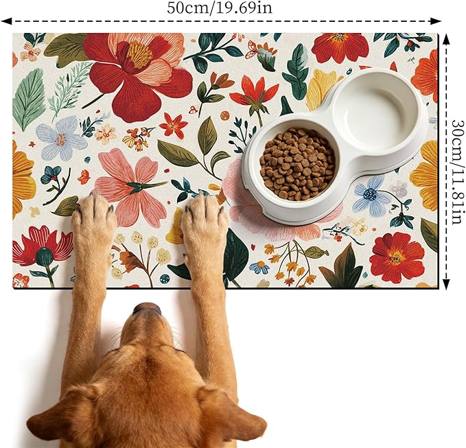 Pet Dog Cat Food Mat - Hamdwerk Absorbent Dog Bowl Mats for Food and Water, Anti Slip Cat Bowl Feeding Placemat for Floors, Quick Dry Diatomite Pet Dish Matts Supplies, Floral Style, 12 * 20in