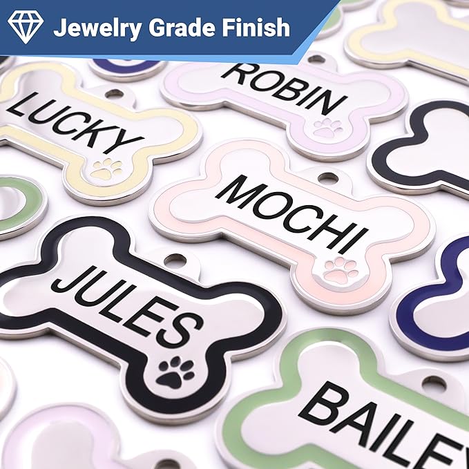 GoTags Stainless Steel Pet ID Bone Round and Heart Shaped Tags with Enamel Paw Design, Personalized Dog and Cat Tags, up to 5 Lines of Custom Text, Engraved on Both Sides (Lavender, Regular Bone)