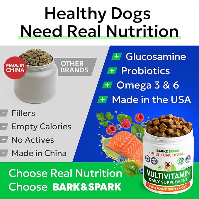 BARK&SPARK Dog Multivitamin Chews Glucosamine Chondroitin with Omega 3, Digestive Enzymes & Probiotics | Vitamins and Supplements for Dogs Pet Skin & Coat & Joint & Gut Health Support - 240ct