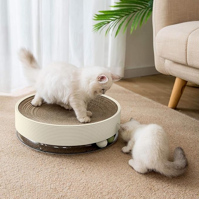 Cardboard Cat Scratcher Bed Mat for Kitty Curls Morden Cat Scratch Pad with Ball Toy Ringing Bell for Multi-Cat Households Horizontal Round Nail File Cat Scratcher Sleep Fun All-in-One