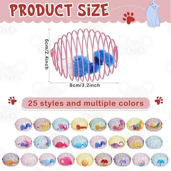 Jecery 25 Pcs Cat Spring Balls Toys Stretchable Rolling Balls Colorful Playful Coils Interactive Action Toy Caged Rats for Kitten Pet Supplies (Mouse and Bell,Colorful)
