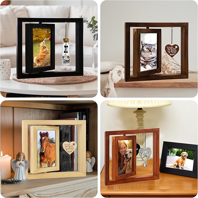 Pet Memorial Gifts Rotating 4x6 Picture Frame Wooden Black Dog Cat Remembrance Keepsake Pet Fur Jar Rainbow Bridge No Longer By My Side Heart Tag Pet In Loving Sympathy Keychain Loss Gift PR-6B