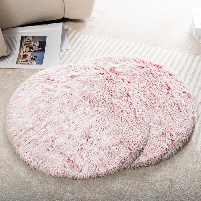 2PCS Round Plush Pet Mat Thin Style Pad Mat for Cats, Small Dogs, Rabbits, Guinea Pigs, Washable Soft Sofa mat, for Crate Cat Tree Tower Window Perch (Plum red, Small (15.8inch) - 2pcs)