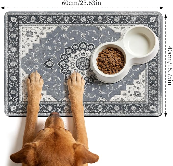 Dog Food Feeding Mat - Absorbent Diatomite Pet Dog Cat Bowl Mats for Food and Water, Anti Slip Dog Bowl Placemat for Floors, Quick Dry Pet Dish Matts Supplies, Bohemia Style, 16 * 24in