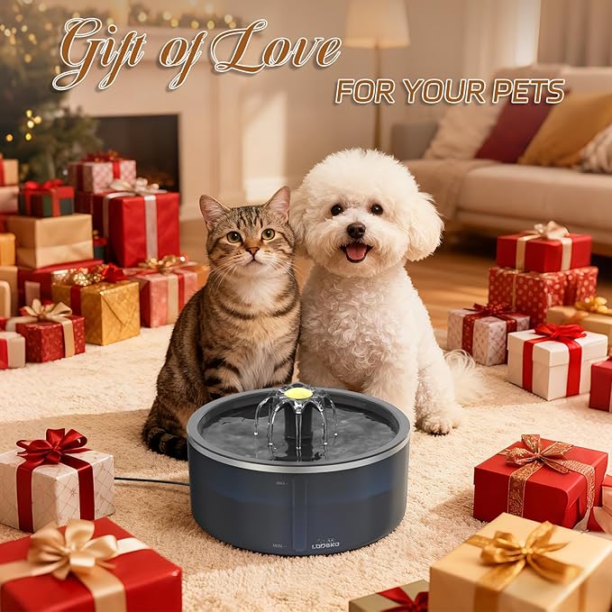 Cat Water Fountain with Dual Filtration System, 2.5L/84oz Pet Water Fountain for Cats Inside, Cat Fountain for Drinking with Ultra Quiet Pump(≤20dB)& LED Blue Light - for Pets Small Animals(8Filters)