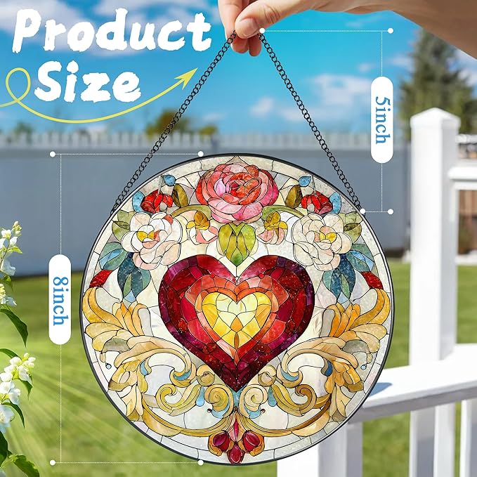 Stained Glass Window Hanging, 8 in Valentine Heart Sun Catcher, Stained Glass Suncatcher, Gift for Wife, Gift for Girlfriend, Mother's Day, Christmas, Birthday, Valentine's Day Gifts for Couple, Her