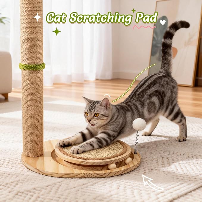 39" Tall Cat Scratching Post, Cute Olive Tree Cat Scratcher, Interactive Cat Toys with Ball Track & Spring Ball, Sturdy Cat Tree with Scratch Pad for Indoor Cats Adults and Kittens