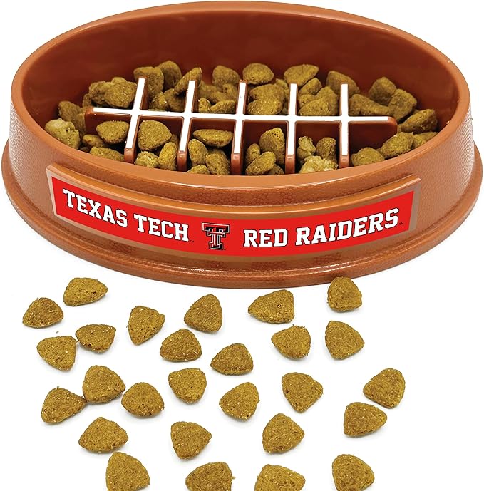 NCAA Super-Bowl - Texas TECH RED Raiders Slow Feeder Dog Bowl. Football Design Slow Feeding Cat Bowl for Healthy Digestion. Non-Slip Pet Bowl for Large & Small Dogs & Cats