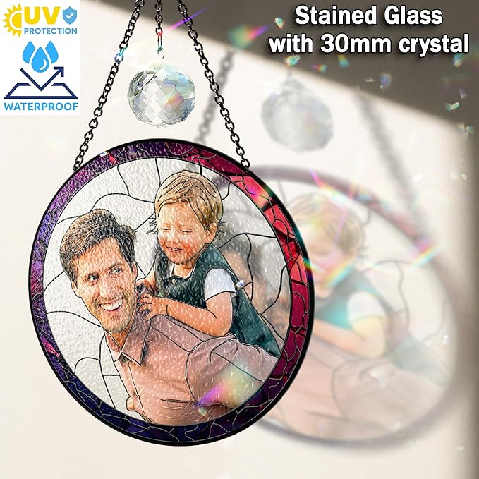 Personalized Dad Stained Glass Suncatcher, Photo Family Stained Glass Window Hanging Decoration, Custom Photo Gift for Dad from Son Daughter, Birthday Gift for Grandpa, Papa, Uncle