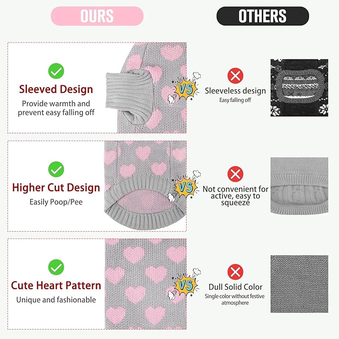 KOOLTAIL Cat Sweater - Valentine's Day Outfit with Hear Love Pattern Cold Weather Soft Warm Knit Turtleneck Clothes for Cats Kitten Small Dogs Puppy Greay L