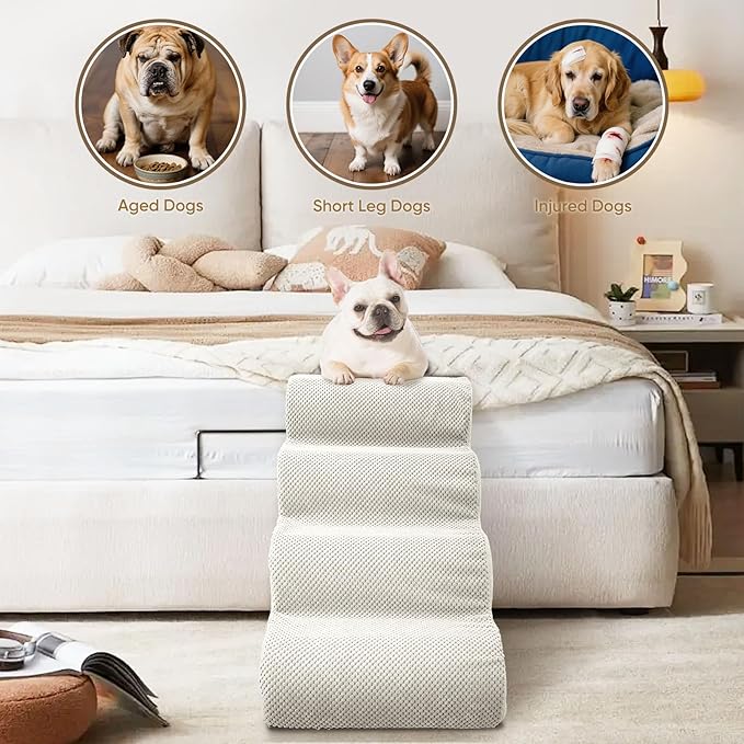 PAWSCART Dog Stairs for Small Pets, 15.7" H with 30D Material Soft Foam, Portable Ramp Non-Slip Surface Non-Slip for Couch and High Bed Climbing, 3-Step Stairs for Cat or Dog, Beige