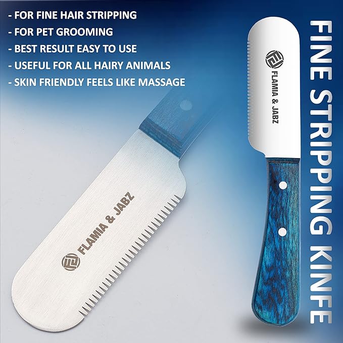 FLAMIA & JABZ FJ Professional Stripping Knife kit (6 pieces set) for Dogs & Pets, Wooden Handle Grip with Stainless Steel Blade (Right handed) (Blue)