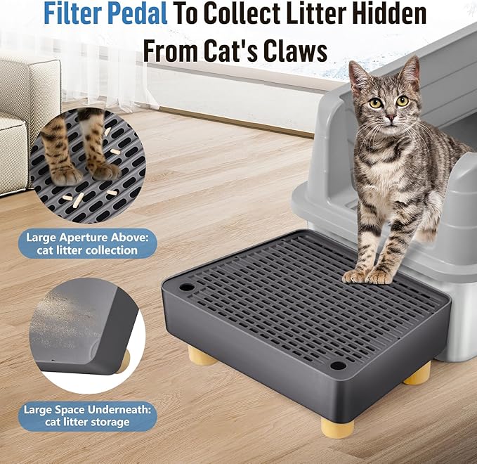Extra Large Cat Litter Box Step Ramp, Cat's Litter Catcher Mat with Wooden Feet, Filter Function, Pedal Stool for Self-Cleaning Cat Litter Box, Ideal for Kitten & Elderly Cats (Dark Grey)