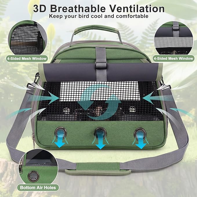 Bird Carrier, Lightweight Breathable Bird Backpack, Portable Wild Bird Carrier with Standing Perch for Parrot Travel Vet Visit (Black)