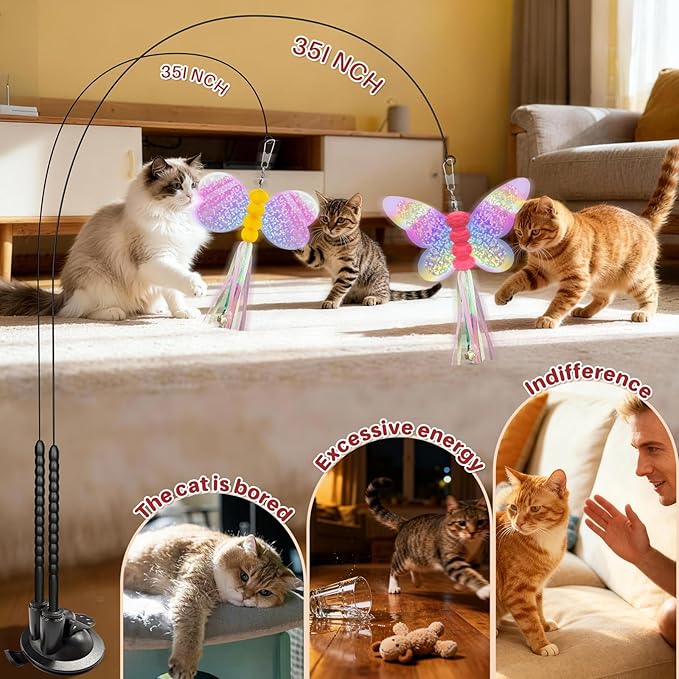 Walfront Interactive Cat Wand Toy Set with Replaceable Butterfly & Bee Bell Heads, Dual Suction Cup Base, for Self-Play or Handheld Fun with Indoor Cats & Kittens, Keeps Pets Active and Stimulated