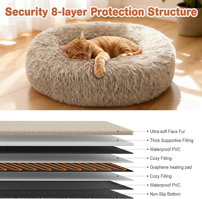 Heated Cat Beds for Indoor Cats and Small Dogs, 24'' Heated Pet Bed with Timer and Temp Adjustable, Cozy Fluffy Round Calming Pet Beds Removable Washable Cover USB Electric Warm Cat Bed- Camel