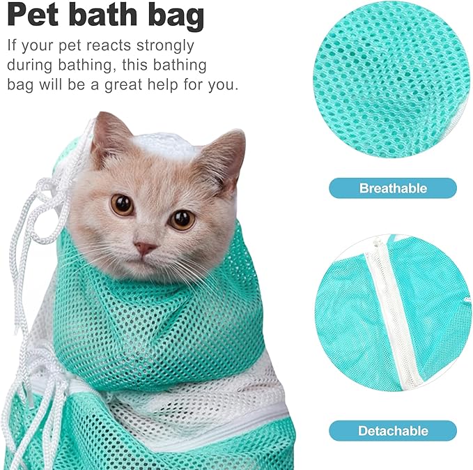 CoguZed 1-Piece Adjustable Anti-Scratch Mesh Cat Bathing Bag – Air-Ventilated Comfortable & Secure Design for Bathing, Grooming & Nail Trimming (Soft Mesh Padding, Non-Slip Base)