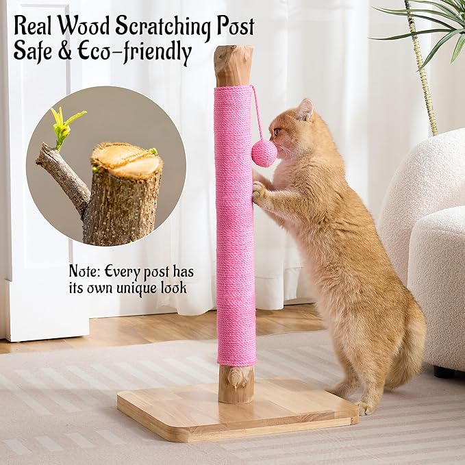 29" Tall Cat Scratching Post for Indoor Cats Adults, Extra-Stable & Natural Solid Wood Scratching Post Sisal Scratcher with Hanging Funny Ball, Pink