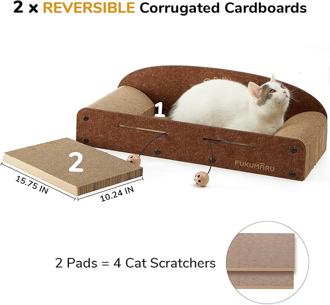 FUKUMARU 26 Inch Cat Scratcher Cardboard Lounge Bed, Durable Cat Scratcher Extra Large Lounger, 2 Reversible Cat Scratching Pads Refill for Indoor Cats, Cat Scratch Bed Cardboard Toy, Caramel Color