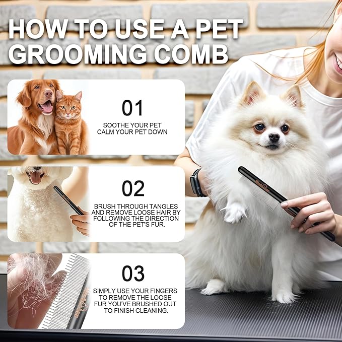 Professional Pet Rake Comb with Solid Wood Handle Fine Tooth Comb Metal Flea Comb Pet Grooming Tool for Dogs and Cats Remove Loose Hair Tangles Dirt Fleas