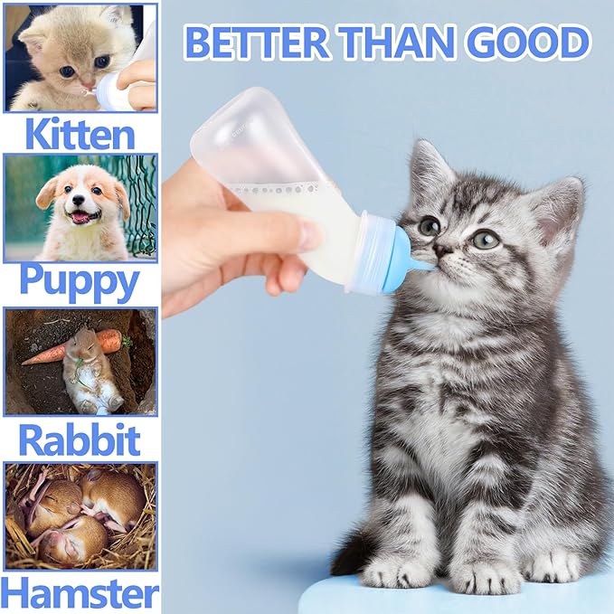 Pet Feeding Bottle,3 Pack Wide Mouth Angled Nursing Bottle, 3 Sizes Nipples with Ventilation Valve Resistant Tearing Perfect for Puppies, Kittens, Small Wildlife（Blue）