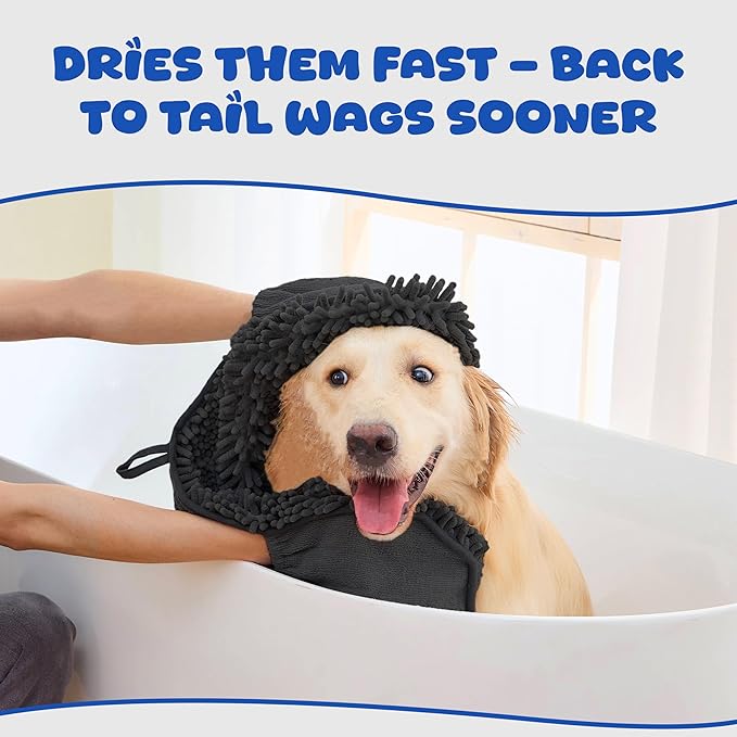 Microfiber Dog Bath Towel – Super Absorbent Dog Towels for Drying Dogs Large & Small, Quick Dry Pet Towel with Hand Pockets, Soft & Durable Puppy Towel, Machine Washable – Black