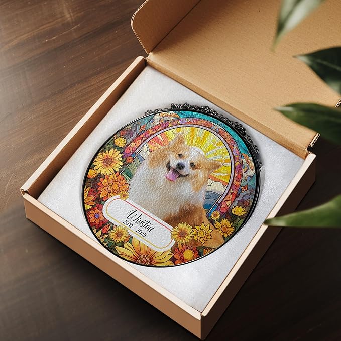 Custom Dog Portrait Art Suncatcher Stained Glass Remembrance Gift Indoor Decor Window Hanging Cat Bereavement Keepsake Loss of Pet Sympathy with Name Date Portrait Gifts