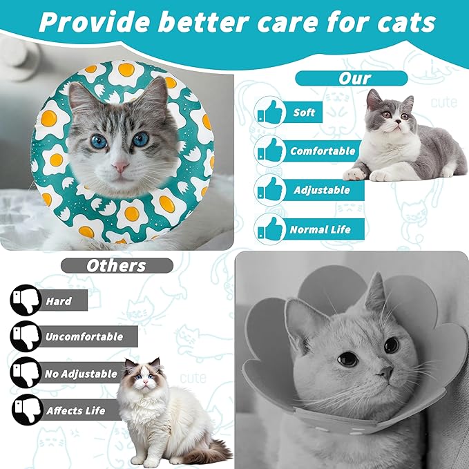 Soft Cat Cone Collar, Cute Cats Recovery Collar Suitable for Small, Medium, Large cat,Elizabethan Neck Collar for Cats After Surgery (Poached Egg, Small)