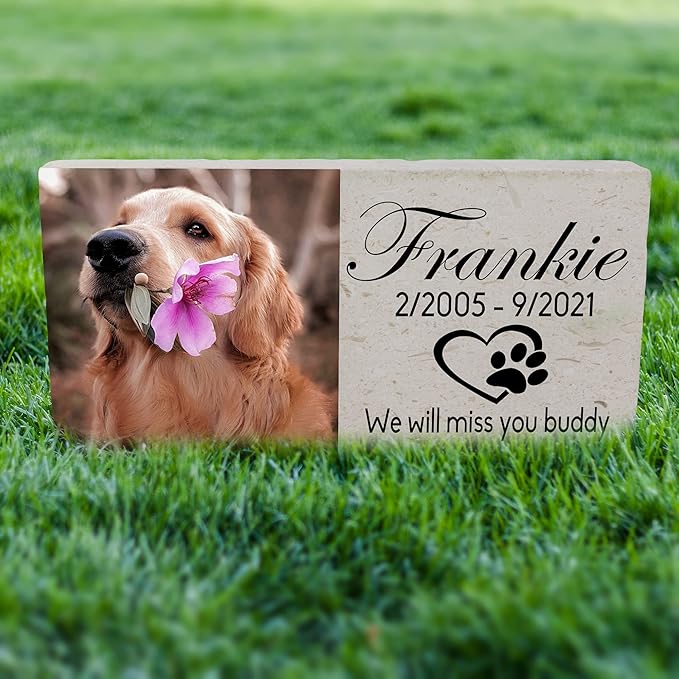 Custom Dog Memorial Stone, Personalized Pet Headstones for Dogs, Outdoor Pet Grave Markers with Photo Print and Text, Loss of Pet Sympathy Gift, 12”x 6”x1.25" Pet Grave Stone (A. Frankie Design)
