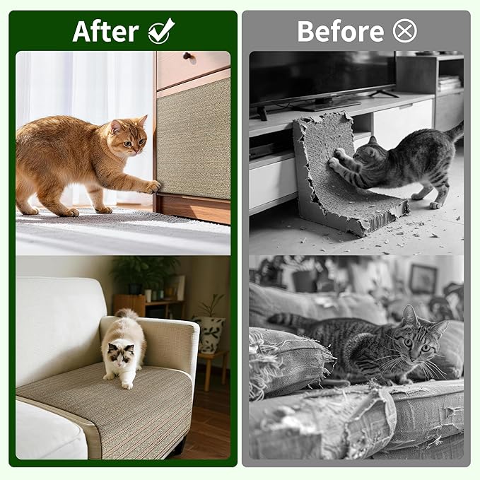 Natural Cork Cat Scratcher Mat, Self-Stick & Trimmable Furniture Protector for Couch, Door, Wall & Bed Corner, Claw-Friendly for Indoor Cats (Catnip Green, 39.4 x 11.8 Inch)