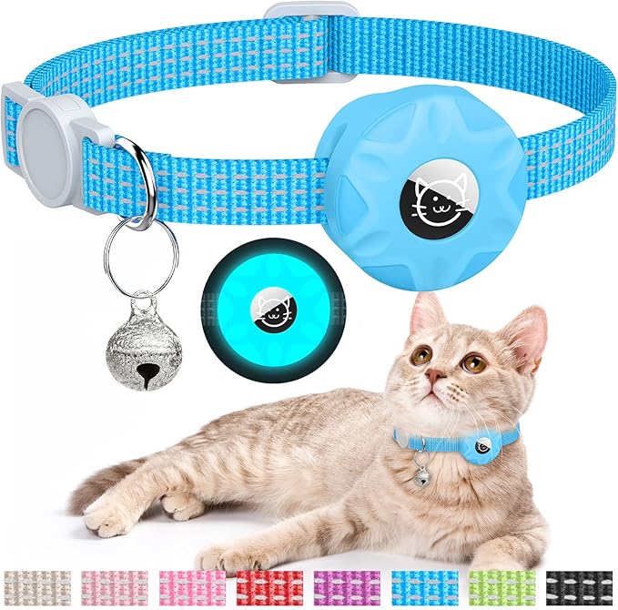 AirTag Cat Collar, Reflective Kitten Collar with Breakaway Apple AirTag Holder and Bell, Lightweight GPS Tracker Collar for Cats and Puppies (Luminous Blue)