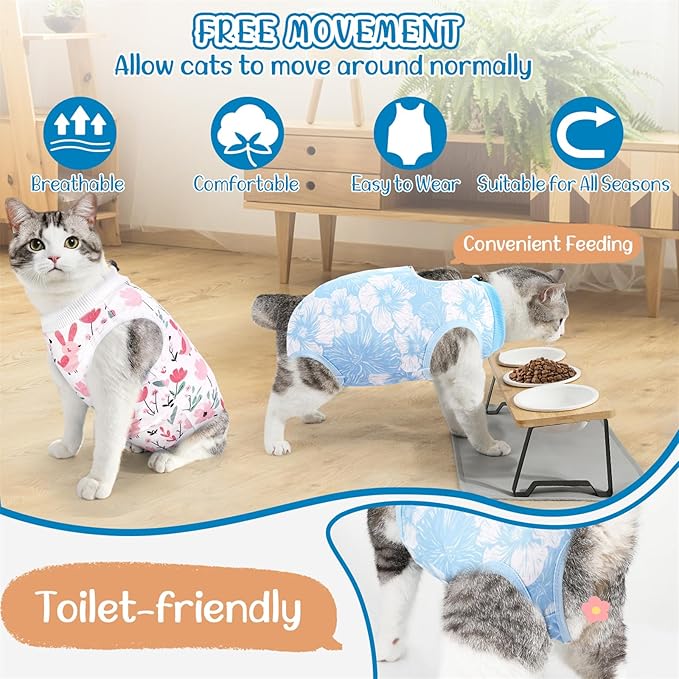 SlowTon Cat Recovery Suit - Cat Onesie for Cats After Surgery Female Male, Kitten Clothes Cats Surgical Spay Suit Abdominal Wounds, E-Collar Alternative Bodysuit Shirt Anti-Licking (Blue Flower,M)