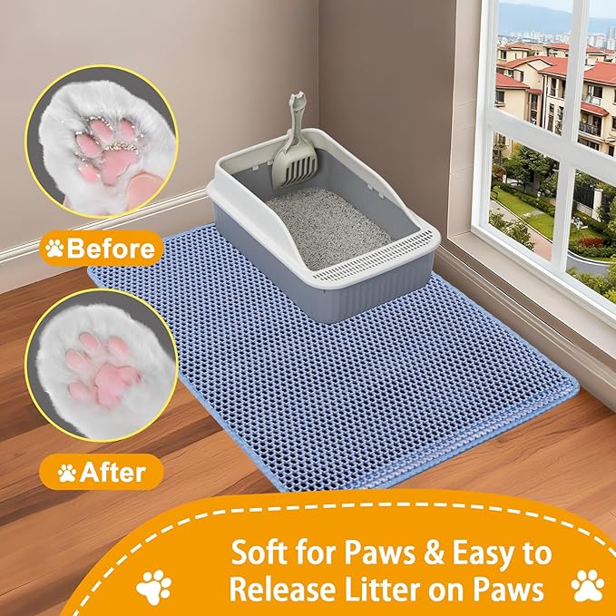 Cat Litter Box Mat for Floor 32"x22", Cat Litter Mat Litter Trapping Mat,2 Layer Llitterbox Mats for Pet kitty,Litter Rug Catcher,Waterproof Urine Proof, Clean Easily, Blue, Medium